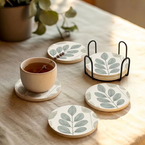VEYRO Ceramic Coasters Set of 6 or 4 – Absorbent Stone Drink Coasters with Holder, Non-Slip Cork Backing, Modern Marble Look Coasters for Coffee Table, Desk & Home Decor (Leaves 5, Set of 4) - color: Leaves 5, size: Set of 4