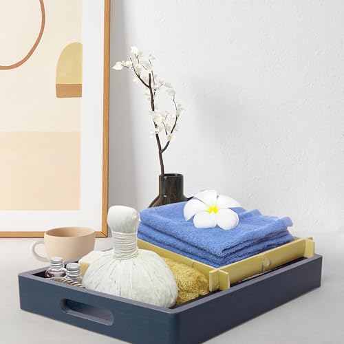 DD DEFINED DECO Coffee Table Tray, Blue Wood Serving Tray with Handles for Food & Drinks, Coffee Table, Ottoman, Breakfast in Bed, Deep Blue(15.75''*10'')