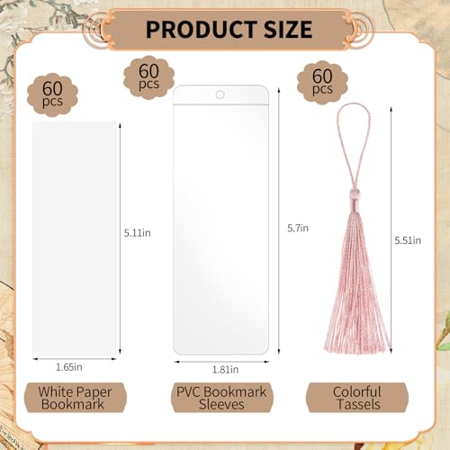 60 Sets Blank Kraft Paper Bookmarks Kit with Tassels and PVC Sleeves - color: White/60pcs