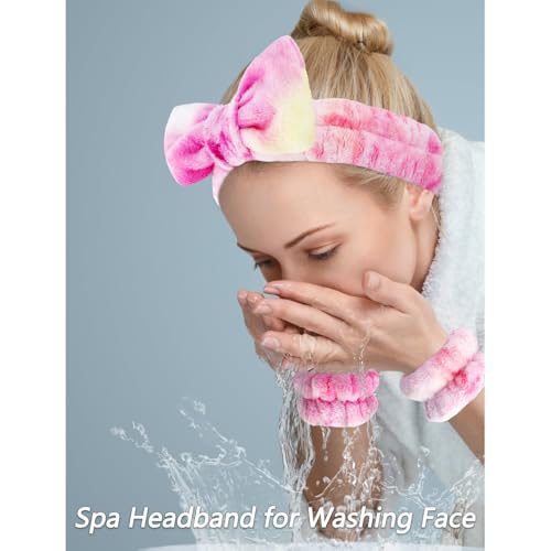 VELSCRUN Spa Headband, Makeup Face Wash Skincare Headbands, 5 Pcs Pink Colorful Sponge Bow Tie Get Ready HairBand Facial Wristband Hair Clips Set, Stuff for Teen Girls Women Trendy Hair Accessories - color: Hot Pink Colorful