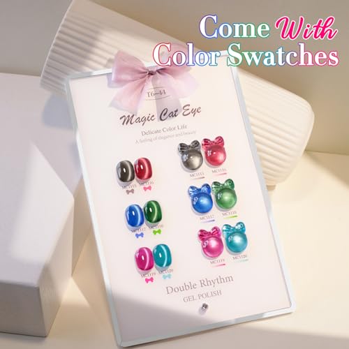 Double Rhythm Cat Eye Gel Nail Polish Set of 6 Same Color Same Bottle 0.5 Oz Shimmer Glitter with Magnet Holographic Reflective Magnetic UV Polish Kit at Home (Black Red Green Navy-T6-44) - color: Black Red Green Navy