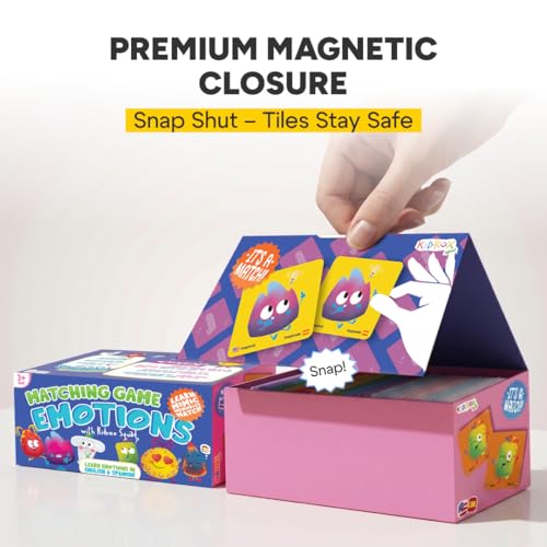 Kidrox Emotions Matching Game – Bilingual Memory Card Game in English & Spanish for Kids Ages 3+ | Learn & Mimic Emotions with Kidrox Squad | Premium Magnetic Box | 40 Tiles - color: Emotions