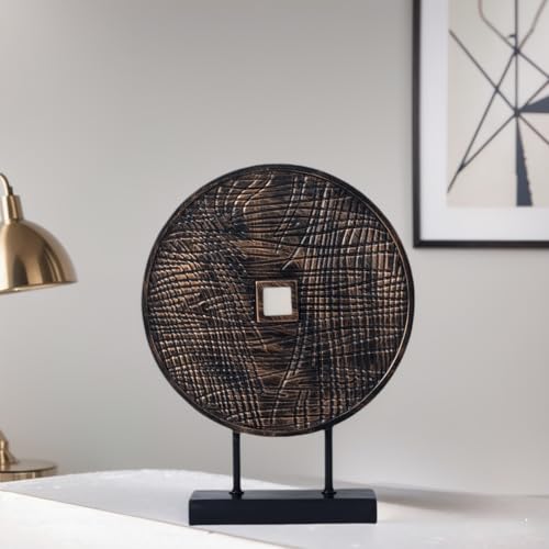 Unique Round Coin Sculpture Decorative Objects for Shelf Home Decor Accents, Modern Abstract Tabletop Decor Items for Living Room Fireplace Mantel, Above Cabinet (Black) - color: Black