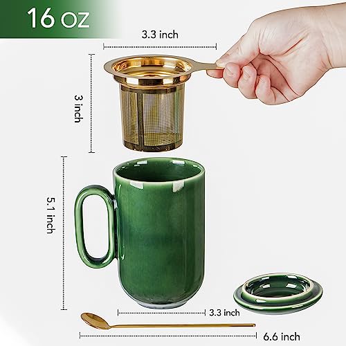 vicrays Ceramic Tea Mug Infuser - Large Cup 16 oz Hot Loose Steeping Handle Teacup with Leaf Infuser Spoon Lid - Tall Glazed Strainer Coffee Mug Microwave Safe - Green - color: Green