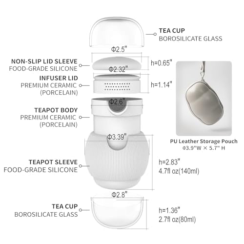 All-in-One Portable Travel Tea Kit, Ceramic Teapot with Removable Infuser, 2 High Borosilicate Glass Tea Cups, Non-Slip Silicone Sleeve & PU Leather Carry Pouch for Camping, Hiking, Office - color: Elephant Gray