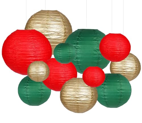 Green Red Paper Lanterns Decorative 12pcs Christmas Hanging Decorations for Graduation Anniversary Birthday Party - color: Red,chistmas Green,gold