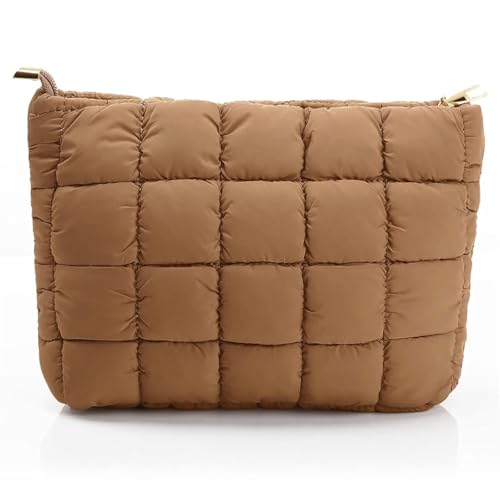 Hillban Brown Puffy Quilted Makeup Bag for Women Cosmetic Bag Gift, Classic - color: Brown, size: Classic