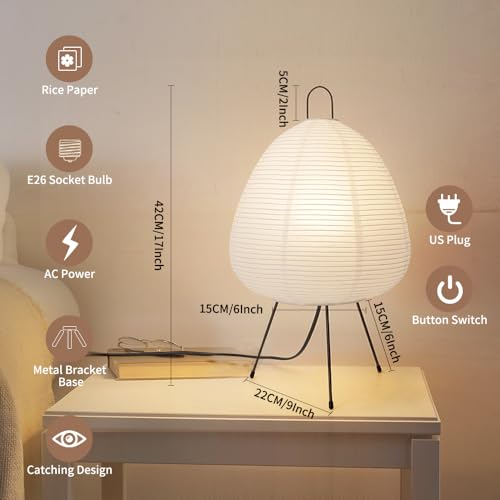 Japanese Rice Paper Lamp,Table Lamps for Living Room,Paper Lanterns,Noguchi Akari Japandi Lamp,Japanese Decor Desk Light,Tripod Table Lamps for Bedroom,Bedside or Tabletop,E26 Base,Button Control - style: Japanese Style