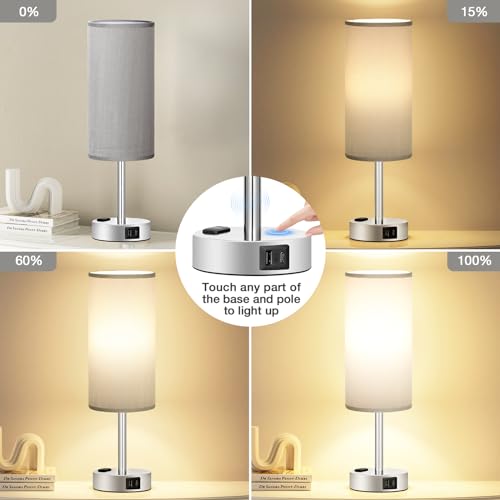 Fenmzee Grey Bedside Lamp for Bedroom, Dimmable Touch, USB A+C, AC Outlet - color: Grey - Silver, size: 14"