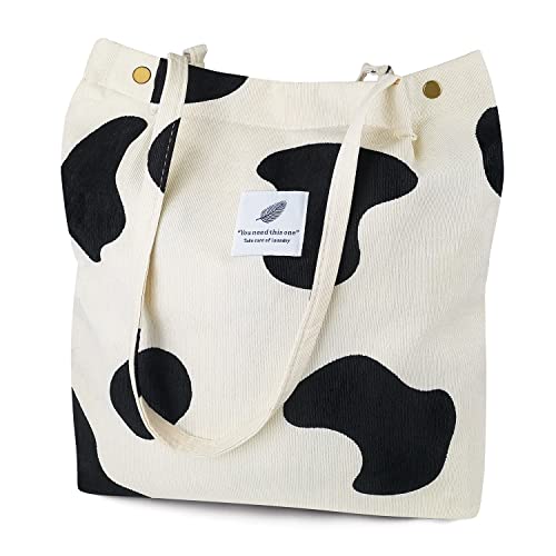 Ayieyill Corduroy Tote Bag for Women Canvas Shoulder Cord Purse with Inner Pocket - color: Cow
