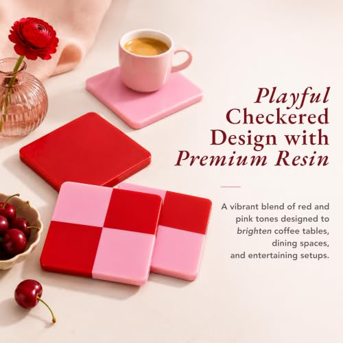 Folkulture Pink & Red Decorative Coasters Set of 4, Non Slip, 4 Inch - color: Checkered Valentine