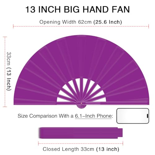 13" Large Folding Rave Fan with Holster, Clack Hand Fans Foldable for Line Dancing for Women Men Festival EDM Party Decoration, Purple 2 Pack - color: Purple