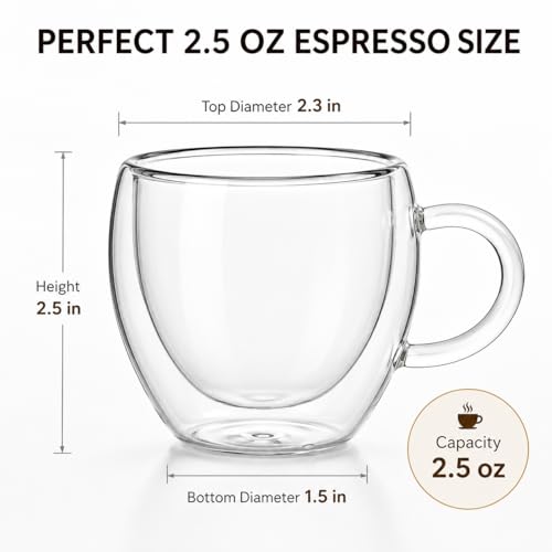 2.5oz Espresso Cups Set of 6, Small Expresso Shot Glass, Clear Expresso Coffee Cup with Handle, Double Wall Insulated Espresso Mugs,Tazas De Cafe Expreso, Suif for Espresso Machine Accessories - size: 2.5oz-6pack