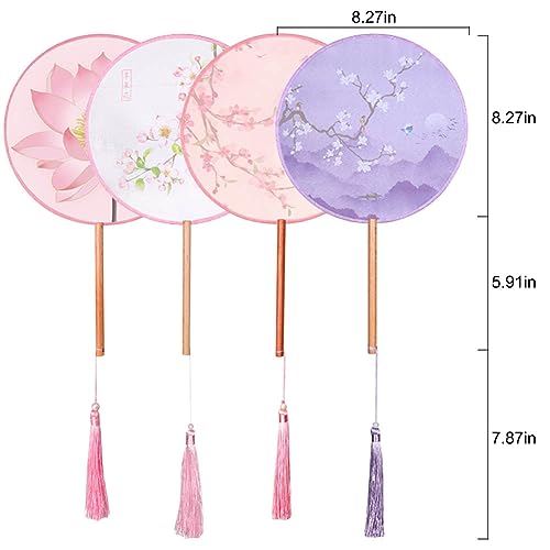 BAOZOON 4 Pcs Silky Translucent Ancient Round Fan Classic Silk Hand Held Fan Floral Pattern Palace Paddle Dance Fan with Tassel Wooden Handle Wedding Favor Gift Home Decor - color: Red