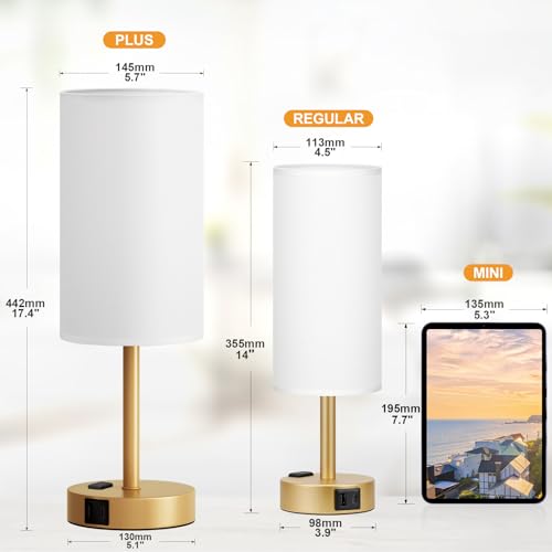 Fenmzee 17.4" Gold Lamp for Bedroom - Dimmable Touch, USB A+C, AC Outlet - color: White - Gold, size: 17.4"