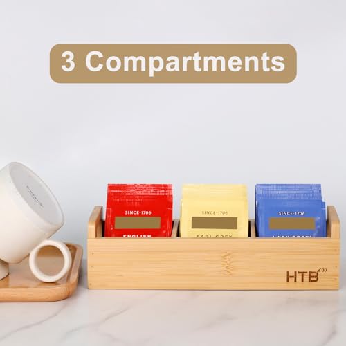 HTB Small Bamboo Tea Bag Holder with 3 Compartments - color: Bamboo 1PCS