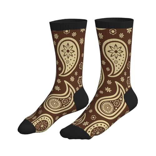 Crew Athletic Socks Funny Crazy Casual Sports Novelty Dress Socks for Women Men Running Hiking - color: Brown Ethnic Paisley Flowers