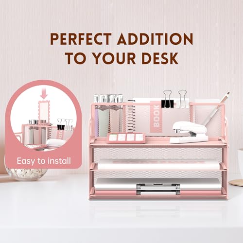 3-Tier Desk Organizer with Pen Holder and Handles, Paper Organizer, Pink - color: Pink