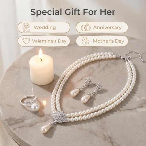 Pearl Bride Wedding Jewelry Set Faux Pearls Crystal Rhinestone Necklace Earrings Bracelet Sets for Women Bridesmaid(3 PCS) - color: White - Double Pearl