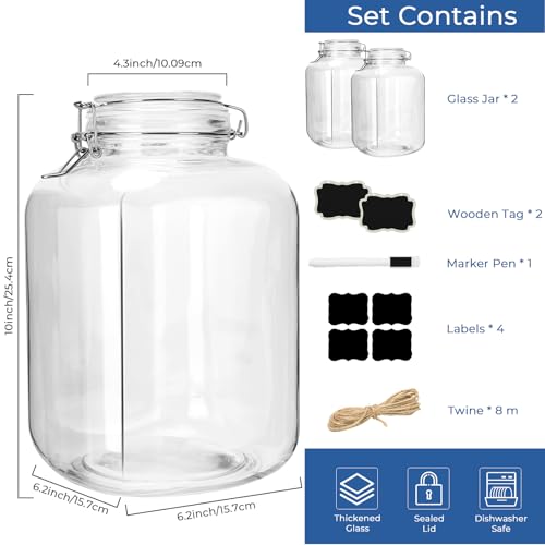 Cyclemore 2 Pack 1 Gallon Square Clear Glass Jar with Airtight Lid, Storage Canister 128oz, Wide Mouth Jar for Fermenting, Pickled Egg, Kombucha, Kefir, Canning, Sun Tea and Food Storage
