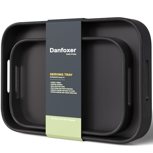 Bamboo Set of 2 Rounded Corners Serving Trays with Handles(Black) - color: Black