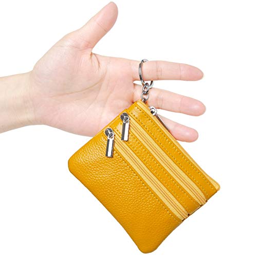 Women Genuine Leather Coin Purse Keychain Change Purse - color: Yellow