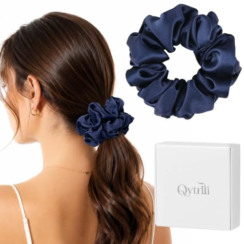 Silk Scrunchie 1.4" Medium Wide 6A 22 Momme 100% Mulberry Silk Hair Ties,Gentle on Hair No Damage No Crease for Women Girls Curly Thick Wavy Hair,Sample Fabric Provided (1, Navy Blue) - color: Navy Blue