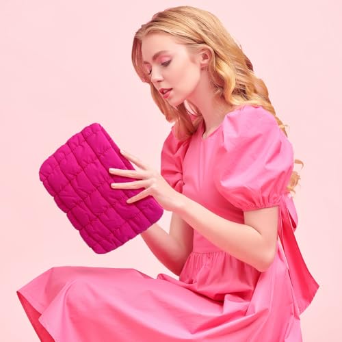 Hillban Hot Pink Puffy Quilted Makeup Bag for Women Gift, Classic - color: Hot Pink, size: Classic
