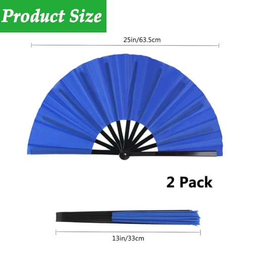 2 Pack Large Folding Hand Fan for Men/Women, Rave Fan Chinese Kung Fu Tai Chi Hand Fan Black Vintage Foldable Hand Fans for Dancing, Festival, Gift, Home Decorations(Blue) - color: Blue