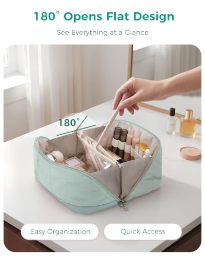 Makeup Bag for Women, Open Flat Puffy Organizer with Wipe-Clean PVC Lining - color: Green