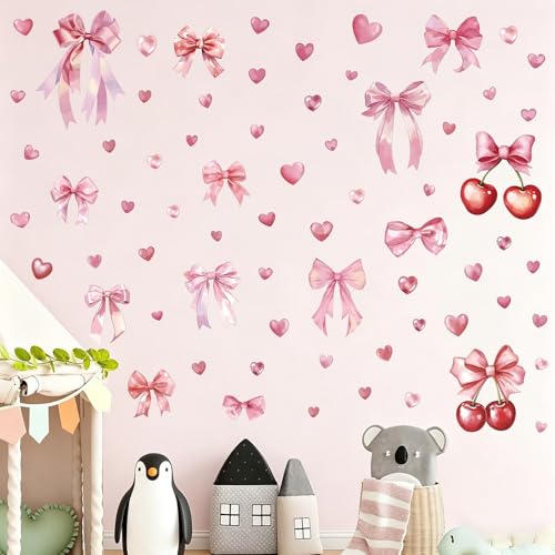 Cherry and Bow Wall Decals - 5 Sheets 68 Pcs Pink Bow Wall Stickers Coquette Bowknot Cherry Peel and Stick Wall Decals Sticker for Coquette Girls Bedroom Home Décor - color: Cherry Bow