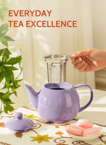 Sweese Teapots for Tea, 27 oz Porcelain Tea pot with Removable Stainless Steel Infuser, Tea Pots for Loose Tea - Purple - color: Purple, size: 27oz (with infuser)