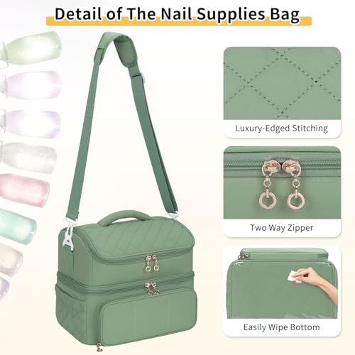 Nail Polish Organizer, Nail Organizers And Storage Bag Holds 48 Bottles & Full Size Nail Lamp, Double Layer Nail Tech Travel Case for Nail Supplies & Manicure Kit & Pedicure Tools (Green, 48 Slots) - color: Nylon Green, size: 48 Slots