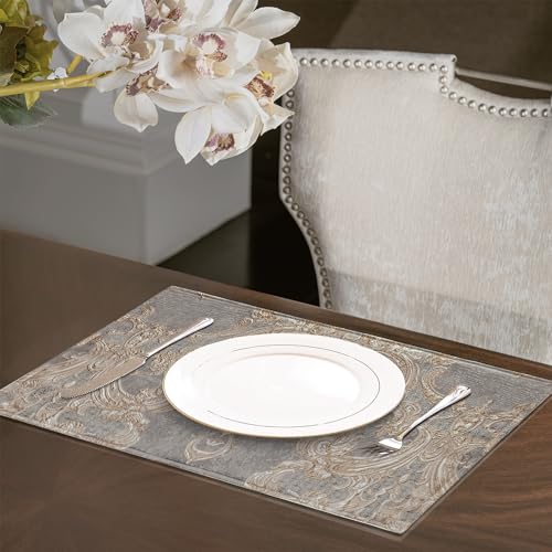 Loom and Mill Luxury Jacquard Damask Placemats Double Layer, Set of 6, Gray - color: Gray + Beige-brown(pattern), size: 6 Pieces