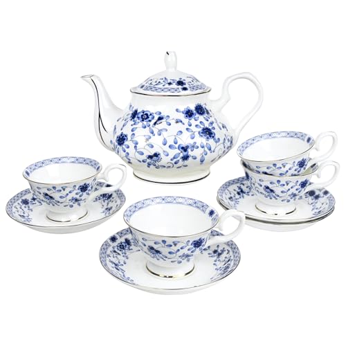 Bone China Tea Set for Adults, 13-Piece Blue and White Porcelain Tea Set for 4, Vintage Floral Tea Set With Teapot and Teaspoons, Tea Party Sets for Women Gift (Blue A) - color: Blue A