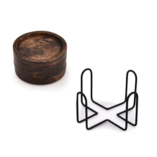 SAMHITA Mango Wood Coasters for Drinks with Iron Holder Stand Set of 4 for Drinking Glasses, Tabletop Protection for Any Table Type