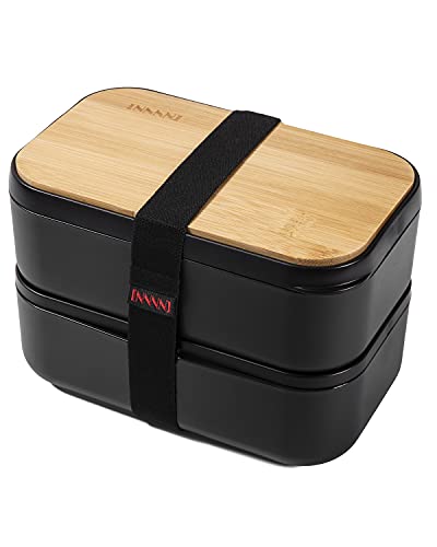 Bento Box Adult Lunch Box - 2 Stackable Containers, 68 oz Large, Natural Bamboo Lid, Microwave Safe, Dishwasher Safe, Bpa free, Gifts for Women - color: Z-Black-2 Stackable Containers