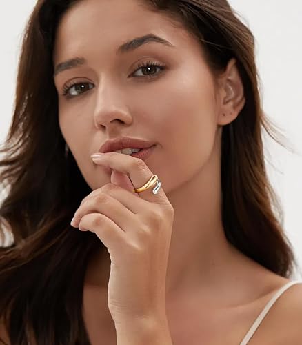 Non Tarnish Gold Chunky Rings for Women, 14K Gold Plated Statement Dome Rings Stacking Silver, Adjustable Mens Eternity Wedding Band Mixed Metal Jewelry Size 3-15 Half Size - color: Two Tone