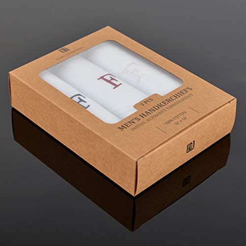 Initial Handkerchief for Men, Monogrammed Boxed 3 Piece Set,100% Cotton - color: F Initial