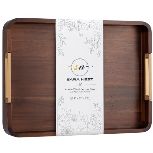 100% Acacia Wooden Serving Tray with Gold-Tone Aluminum Handles