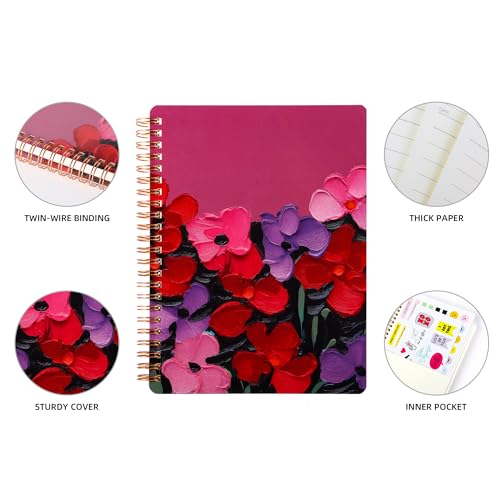 Spiral Notebook for Women, 8.25" x 6.25" Journal with Durable Hardcover and 160 Lined Pages with Large Pockets - Perfect to Stay Organized and Boost Productivity at Work or School (flowers-M) - color: flowers-M