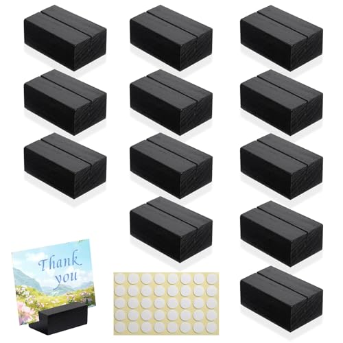 Worown 12 Pcs Mini Wooden Place Card Holders, Small Wooden Table Number Stands, Name, Price Tags Stands for Party Buffet, Wedding, Cafe Bar, Dining Room ( Black-Includes Adhesive Stickers) - color: Black