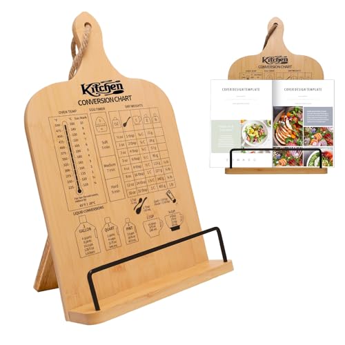 Cookbook Stand for Kitchen Counter, Bamboo Cookbook Holder, Foldable Cook Book Holder, Adjustable Recipe Book Stand, Cook Book Stand with Measurement Conversion Chart