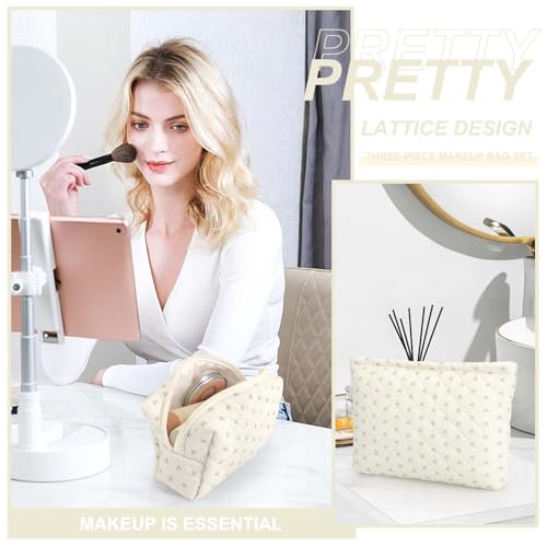 EIMMBD Makeup Bag 3 Pieces Large Capacity Checkered Cosmetic Bag Travel Toiletry Bag Organizer Cute Makeup Bag Pouch Storage Bag for Women(Beige Floral) - color: Beige Floral