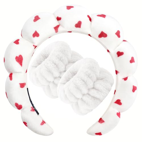 Zkptops Spa Headband for Washing Face Wristband Set Sponge Makeup Skincare Velvet Fabric Bubble Soft Get Ready Hairbands for Women Puffy Headwear Non Slip Thick Thin Hair Accessory (Red Heart) - color: ZYC Red Heart