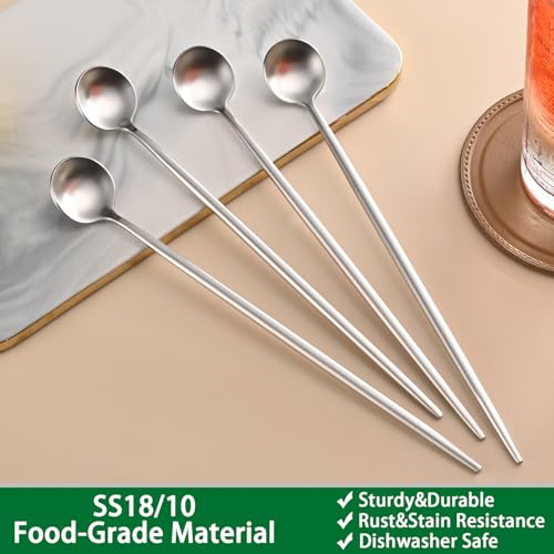 DEHOV 9 Inches Long Iced Teaspoons Set,4 Pieces Stainless Steel 18/10 Latte Spoon,Long Handle Coffee Stirring Spoons,Durable Cocktail Mixing Spoons,Dishwasher Safe Long Spoons For Dessert - color: Silver, size: 9 Inch