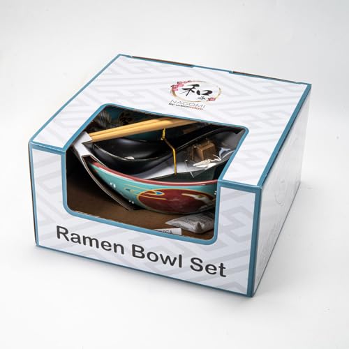 Urban Tokyo 24oz Large Ceramic Ramen Bowl Set with Chopsticks, Spoon & Bamboo Rest – Oriental Japanese Design, Microwave & Dishwasher Safe (Moon Crane) - color: Moon Crane