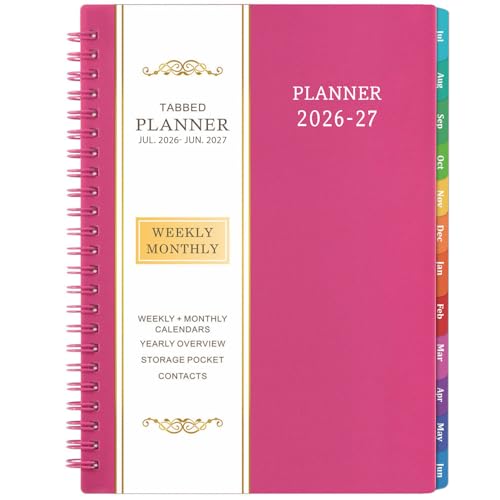 Planner 2026-2027 - 2026-2027 Academic Planner, 2026-2027 Planner Weekly and Monthly with Tabs, July 2026 - June 2026, 6.25" × 8.3", Strong Twin-Wire Binding - color: Rose Red