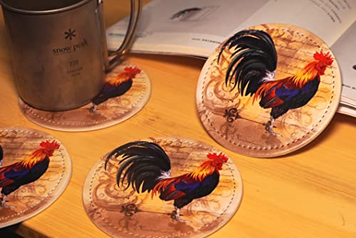 Vintage Rooster Coasters for Drinks with Holder Leather Coasters Set of 6 Table Decor Protect Furniture from Water Marks Scratch and Damage - color: Black3