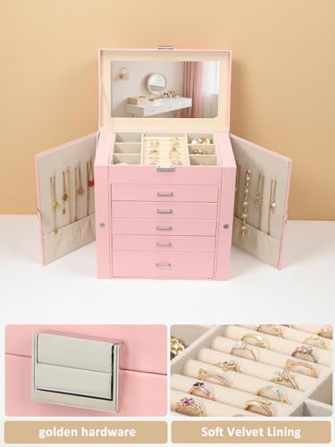 BOOVO Large Jewelry Box for Women 6 Layer - color: Silver and Pink, size: 6 Layer